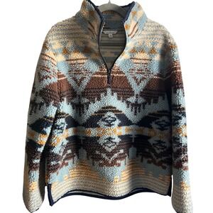 LL Bean Signature Womens Sherpa Fleece Quarter Zip Southwestern Blue Brown Large